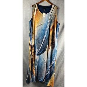 Catherines Black Label Sleeveless Dress Size 2X Navy Amber Feather Leaf Lined